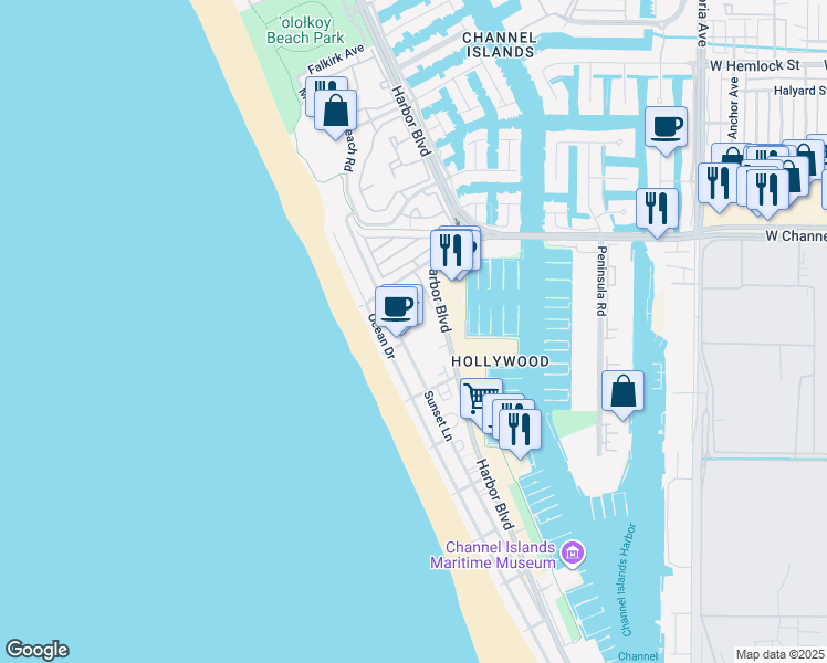 map of restaurants, bars, coffee shops, grocery stores, and more near 3030 Sunset Lane in Oxnard