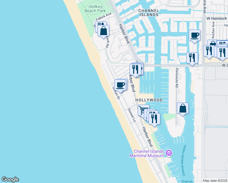 map of restaurants, bars, coffee shops, grocery stores, and more near 4027 Ocean Drive in Oxnard