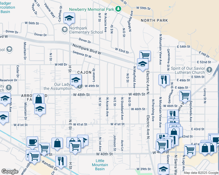 map of restaurants, bars, coffee shops, grocery stores, and more near 4895 Acacia Avenue in San Bernardino
