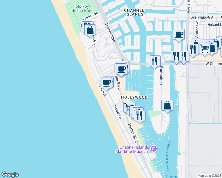 map of restaurants, bars, coffee shops, grocery stores, and more near 3030 Sunset Lane in Oxnard