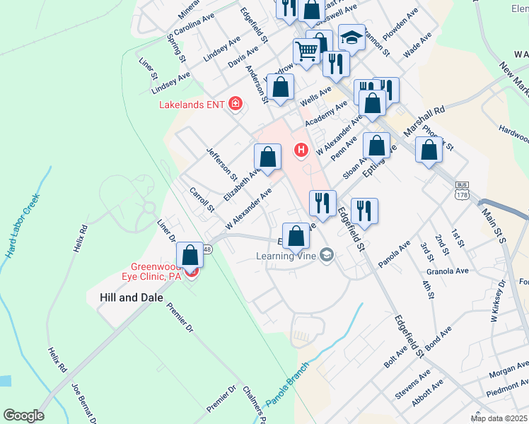map of restaurants, bars, coffee shops, grocery stores, and more near 1409 Parkway in Greenwood