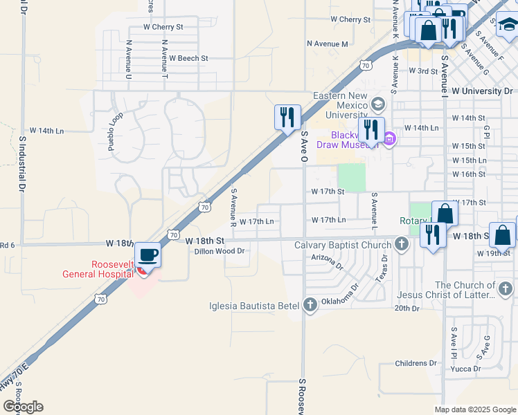 map of restaurants, bars, coffee shops, grocery stores, and more near 1721 West 17th Street in Portales