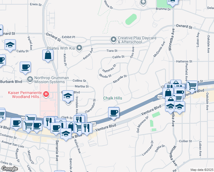 map of restaurants, bars, coffee shops, grocery stores, and more near 5635 Mason Avenue in Los Angeles