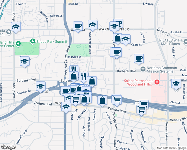 map of restaurants, bars, coffee shops, grocery stores, and more near 21650 Burbank Boulevard in Los Angeles