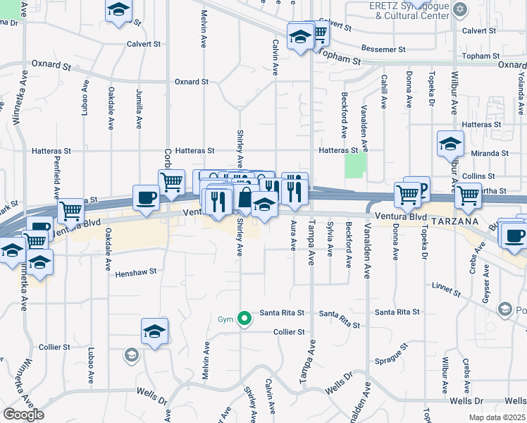map of restaurants, bars, coffee shops, grocery stores, and more near 19423 Ventura Boulevard in Los Angeles