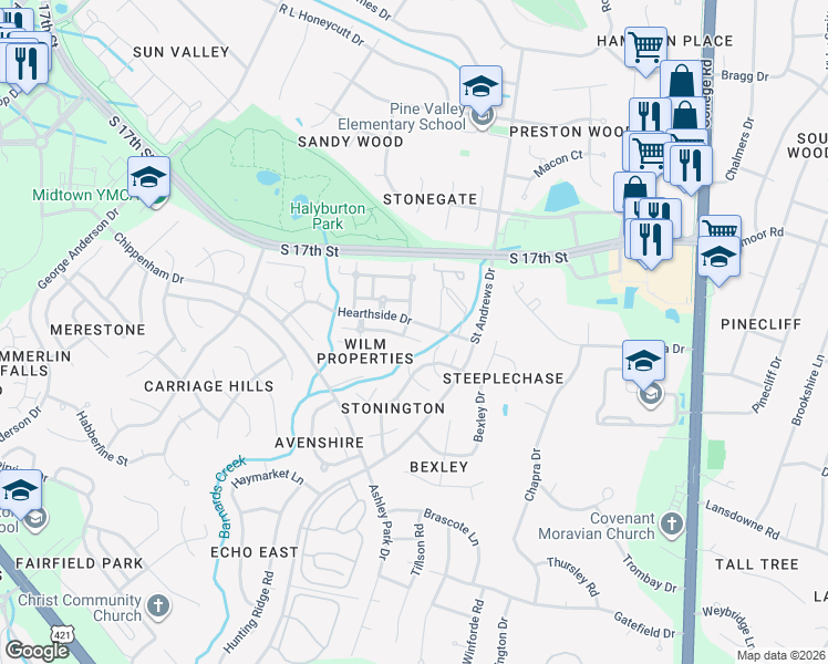 map of restaurants, bars, coffee shops, grocery stores, and more near 4152 Hearthside Drive in Wilmington