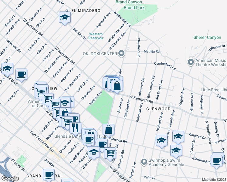map of restaurants, bars, coffee shops, grocery stores, and more near 1511 Grandview Avenue in Glendale