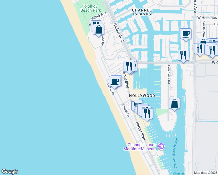 map of restaurants, bars, coffee shops, grocery stores, and more near 4027 Ocean Drive in Oxnard