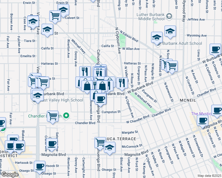 map of restaurants, bars, coffee shops, grocery stores, and more near 5628 Auckland Avenue in Los Angeles