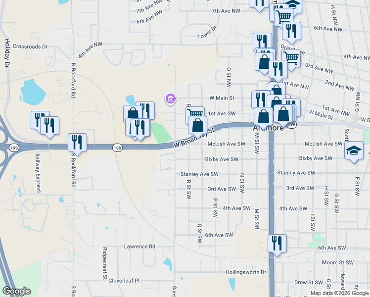map of restaurants, bars, coffee shops, grocery stores, and more near 1700 McLish Avenue Southwest in Ardmore