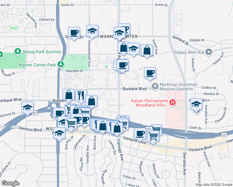 map of restaurants, bars, coffee shops, grocery stores, and more near 21400 Burbank Boulevard in Los Angeles