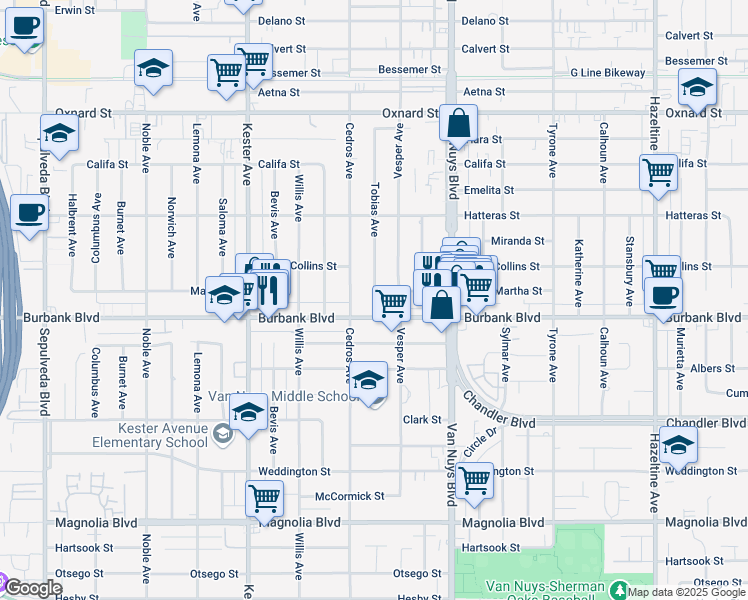 map of restaurants, bars, coffee shops, grocery stores, and more near 14628 Martha St in Los Angeles