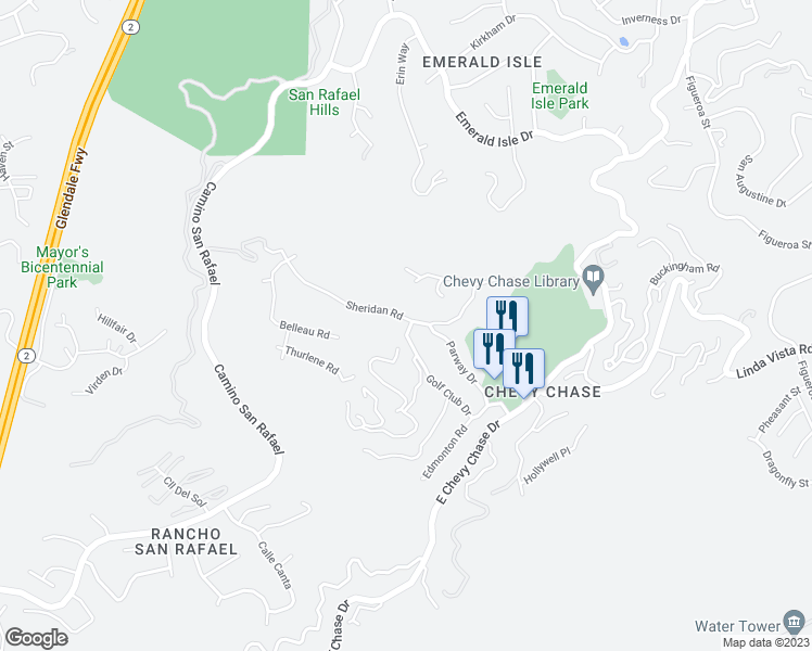 map of restaurants, bars, coffee shops, grocery stores, and more near 1676 Sheridan Road in Glendale