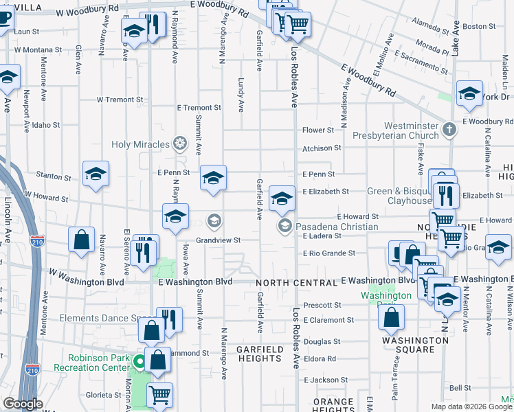 map of restaurants, bars, coffee shops, grocery stores, and more near 315 East Howard Street in Pasadena