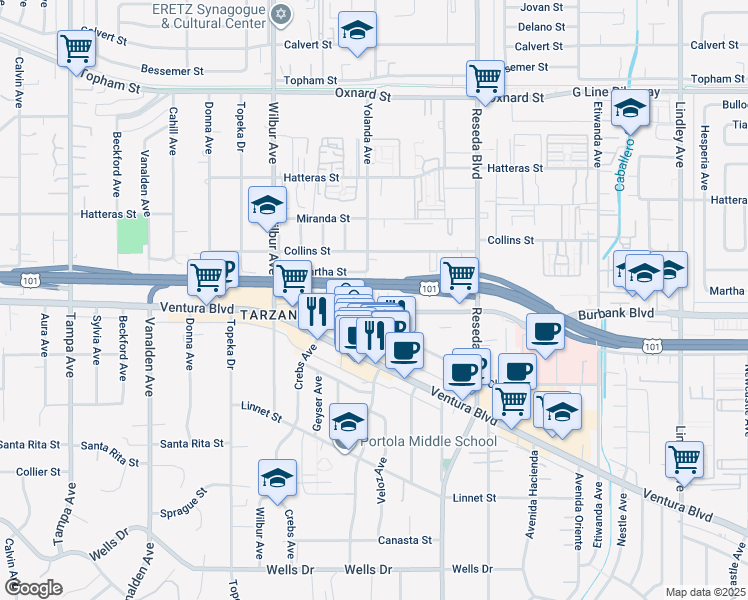 map of restaurants, bars, coffee shops, grocery stores, and more near 5620 Yolanda Avenue in Los Angeles