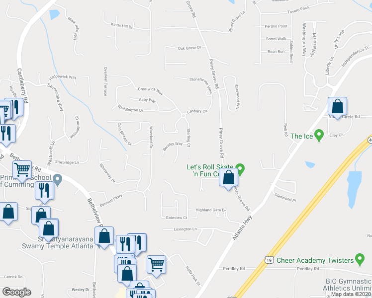 map of restaurants, bars, coffee shops, grocery stores, and more near 5830 Sterling Court in Cumming