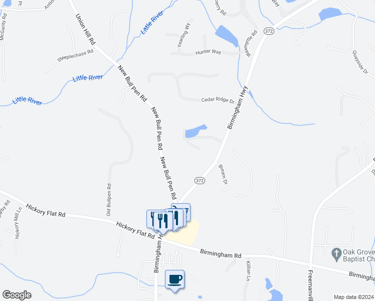 map of restaurants, bars, coffee shops, grocery stores, and more near 16160 Birmingham Highway in Alpharetta