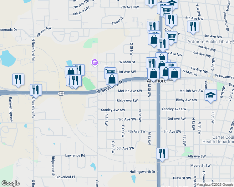 map of restaurants, bars, coffee shops, grocery stores, and more near 1522 McLish Avenue Southwest in Ardmore