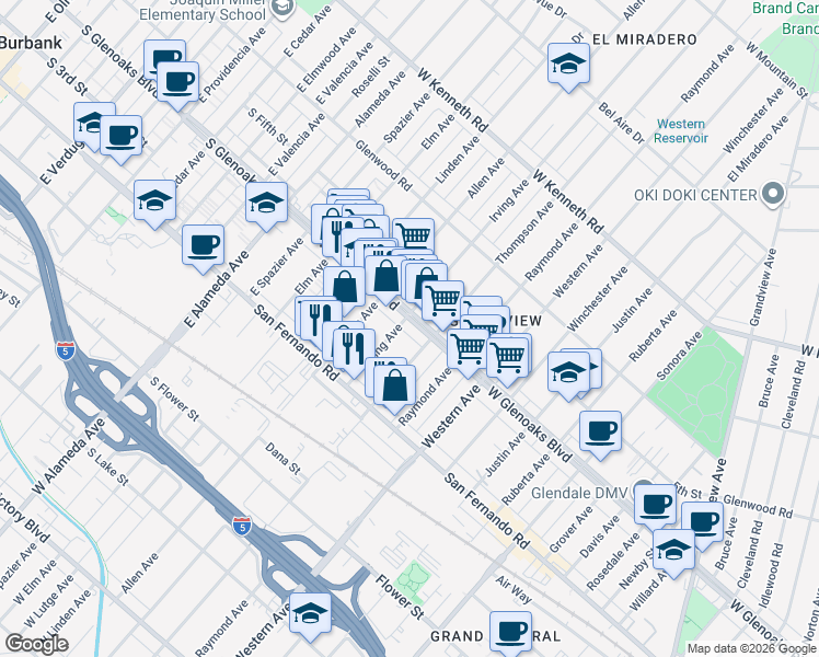map of restaurants, bars, coffee shops, grocery stores, and more near 1818 West Glenoaks Boulevard in Glendale