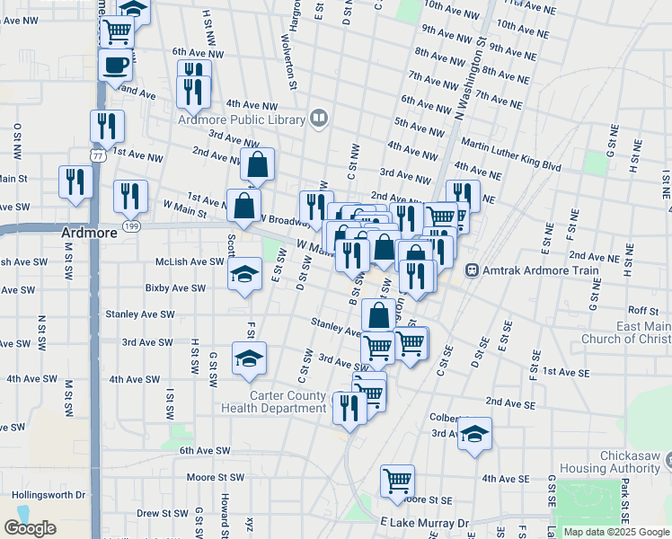 map of restaurants, bars, coffee shops, grocery stores, and more near 310 W Main St in Ardmore