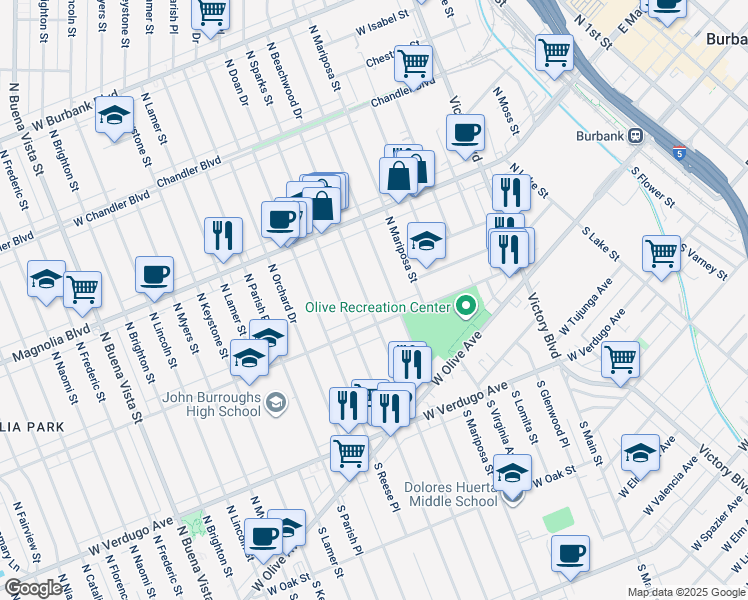map of restaurants, bars, coffee shops, grocery stores, and more near 320 North Beachwood Drive in Burbank