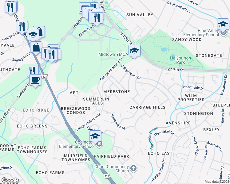 map of restaurants, bars, coffee shops, grocery stores, and more near 823 Shelton Court in Wilmington