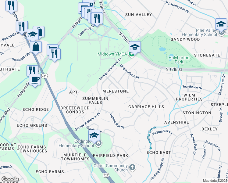 map of restaurants, bars, coffee shops, grocery stores, and more near 823 Shelton Court in Wilmington