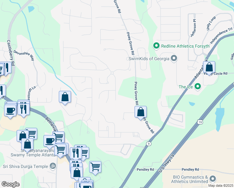 map of restaurants, bars, coffee shops, grocery stores, and more near 5835 Sterling Court in Cumming