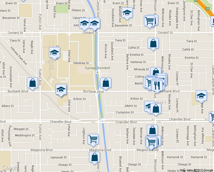 map of restaurants, bars, coffee shops, grocery stores, and more near 12820 Martha Street in Los Angeles