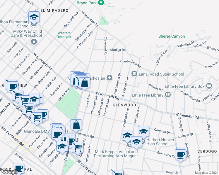map of restaurants, bars, coffee shops, grocery stores, and more near 1524 Idlewood Road in Glendale
