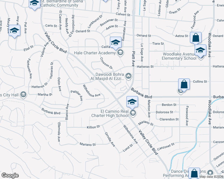 map of restaurants, bars, coffee shops, grocery stores, and more near 5604 Valley Circle Boulevard in Los Angeles