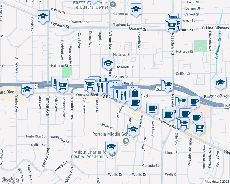map of restaurants, bars, coffee shops, grocery stores, and more near 18816 Philliprimm Street in Los Angeles