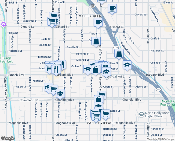 map of restaurants, bars, coffee shops, grocery stores, and more near 5619 Bellingham Avenue in Los Angeles
