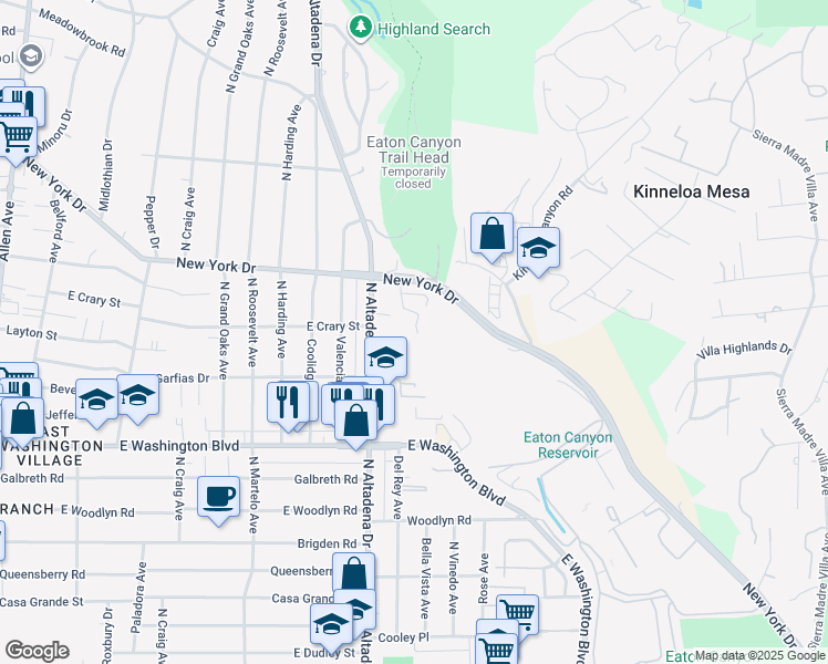 map of restaurants, bars, coffee shops, grocery stores, and more near 1510 Creekside Court in Pasadena