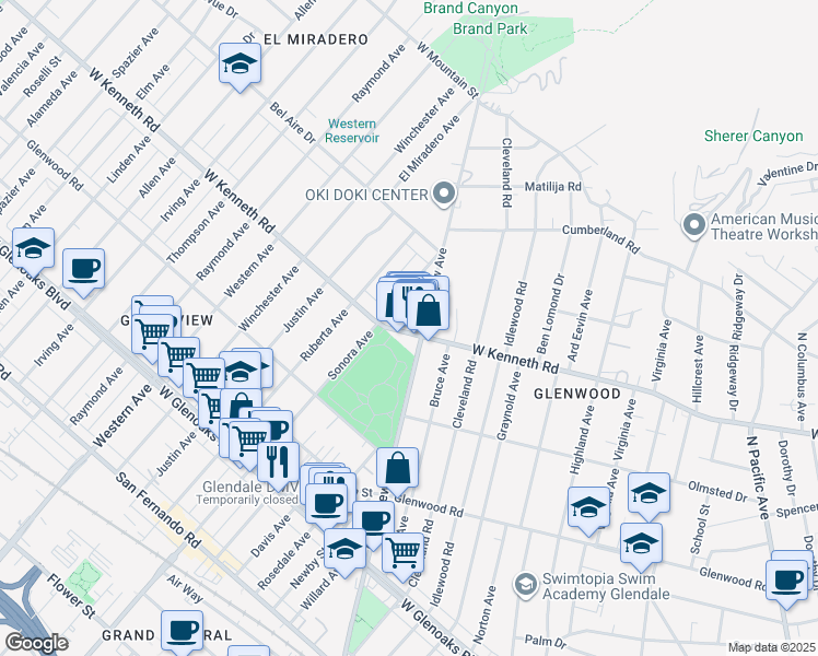 map of restaurants, bars, coffee shops, grocery stores, and more near 1511 Grandview Avenue in Glendale