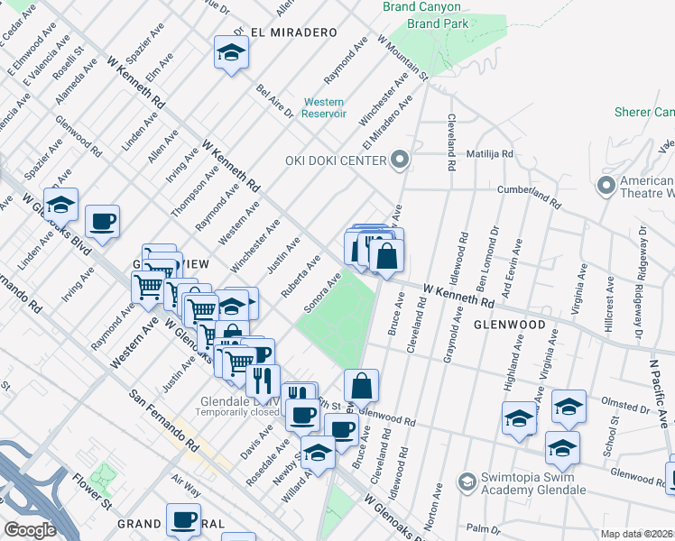 map of restaurants, bars, coffee shops, grocery stores, and more near 1500 West Kenneth Road in Glendale