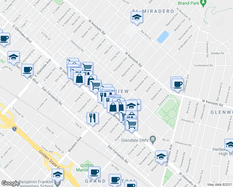 map of restaurants, bars, coffee shops, grocery stores, and more near in Glendale