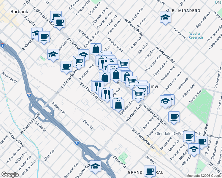 map of restaurants, bars, coffee shops, grocery stores, and more near 1049 Allen Avenue in Glendale