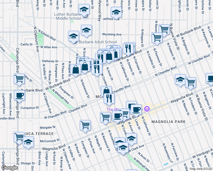 map of restaurants, bars, coffee shops, grocery stores, and more near 1233 North Cordova Street in Burbank