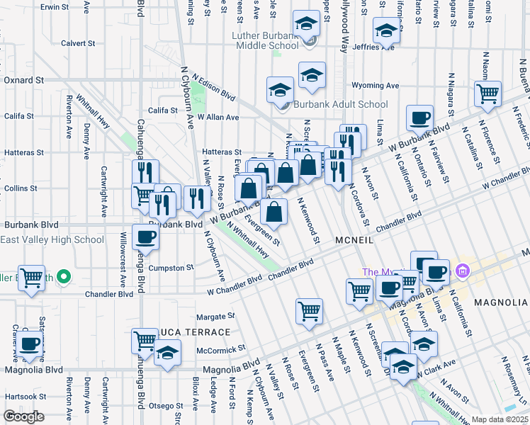 map of restaurants, bars, coffee shops, grocery stores, and more near 4114 West Burbank Boulevard in Burbank