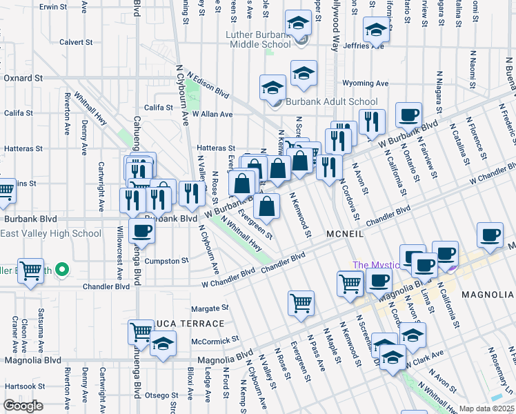map of restaurants, bars, coffee shops, grocery stores, and more near 4114 West Burbank Boulevard in Burbank