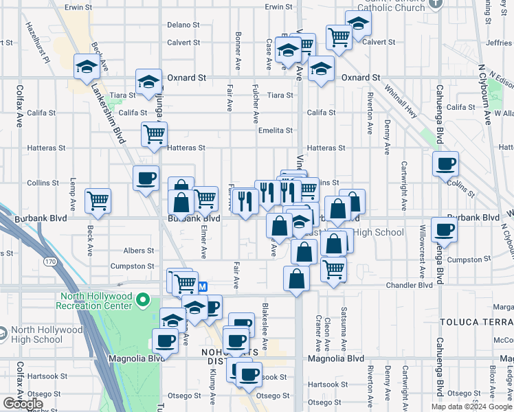 map of restaurants, bars, coffee shops, grocery stores, and more near 5630 Fulcher Avenue in Los Angeles