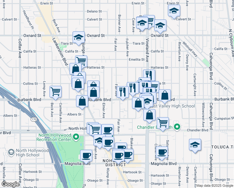 map of restaurants, bars, coffee shops, grocery stores, and more near 5624 Fair Avenue in Los Angeles