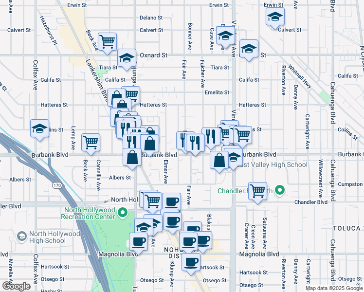 map of restaurants, bars, coffee shops, grocery stores, and more near 5631 Klump Avenue in Los Angeles