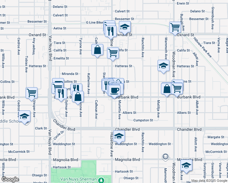map of restaurants, bars, coffee shops, grocery stores, and more near 5624 Hazeltine Avenue in Los Angeles