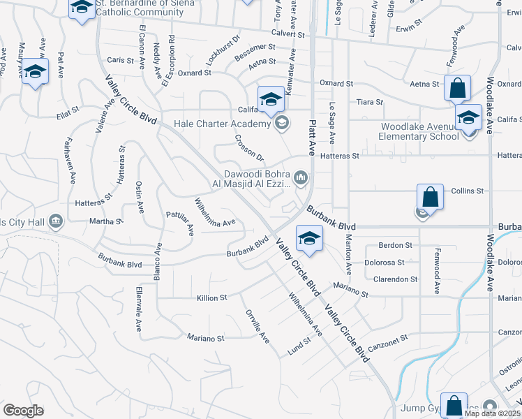 map of restaurants, bars, coffee shops, grocery stores, and more near 23730 Carard Street in Los Angeles