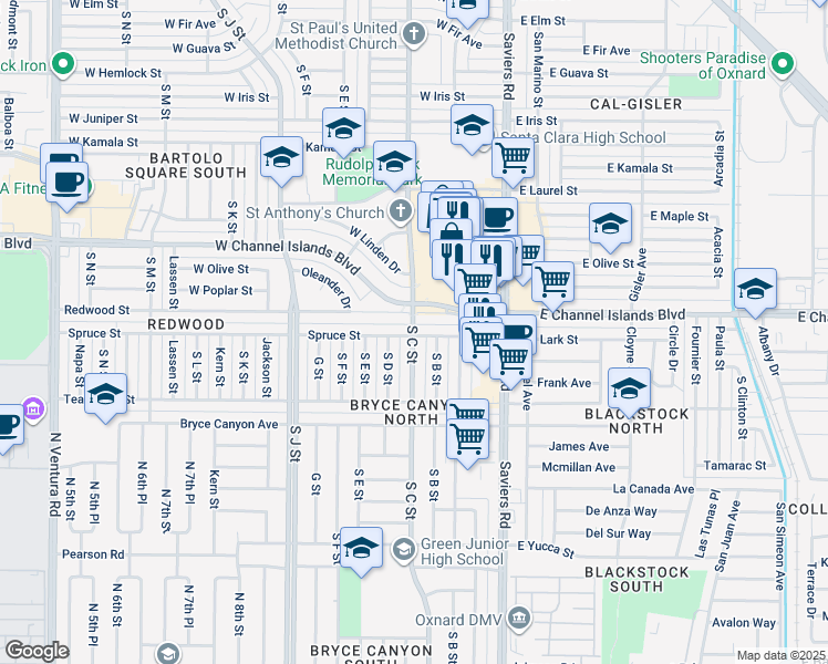 map of restaurants, bars, coffee shops, grocery stores, and more near 331 Spruce Street in Oxnard