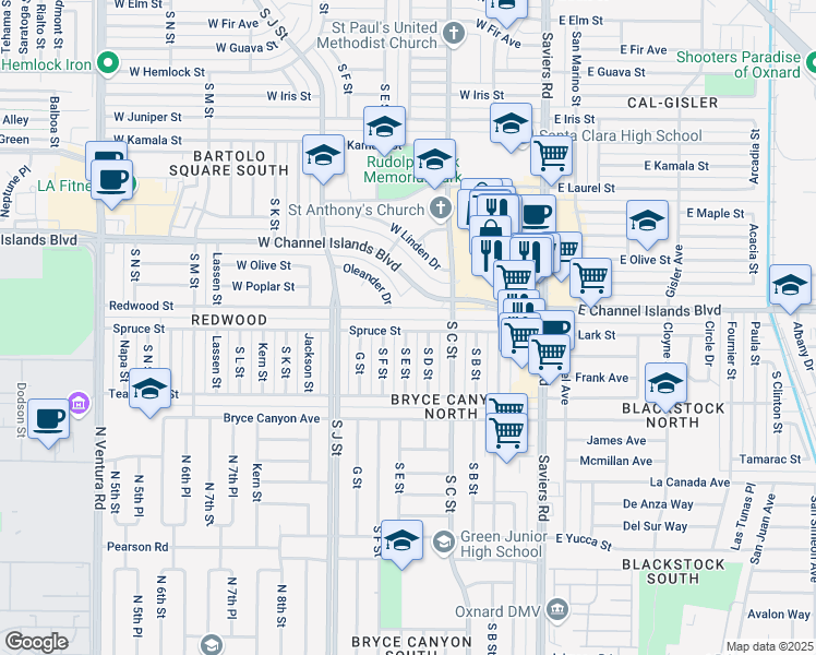 map of restaurants, bars, coffee shops, grocery stores, and more near 451 Spruce Street in Oxnard