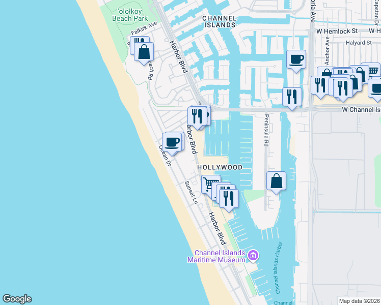 map of restaurants, bars, coffee shops, grocery stores, and more near 2941 Harbor Boulevard in Oxnard