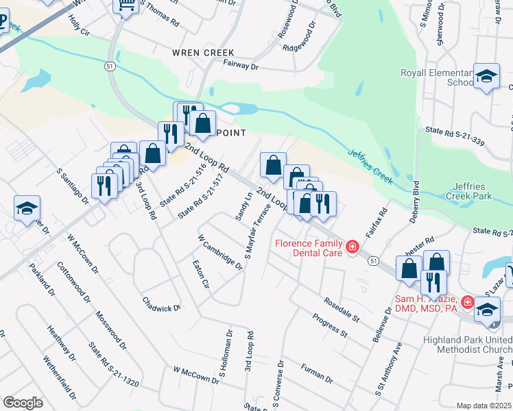 map of restaurants, bars, coffee shops, grocery stores, and more near 1503 Sandy Lane in Florence